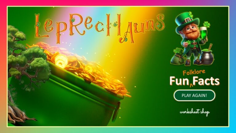 green pot of gold with rainbow and leprechaun and old tree