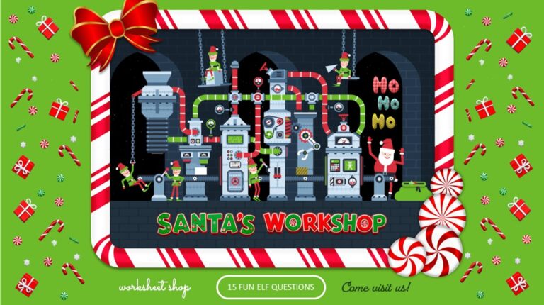 Santa's workshop with Santa and elves