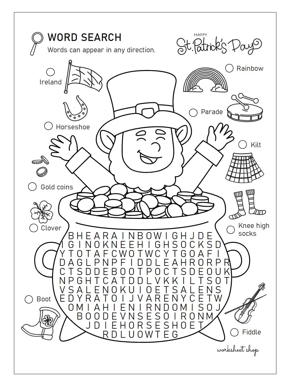 leprechaun with a pot of gold and Irish symbols