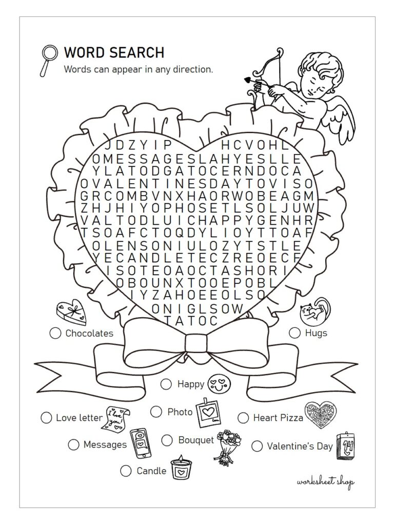 word search with lace heart with Cupid and fancy bow